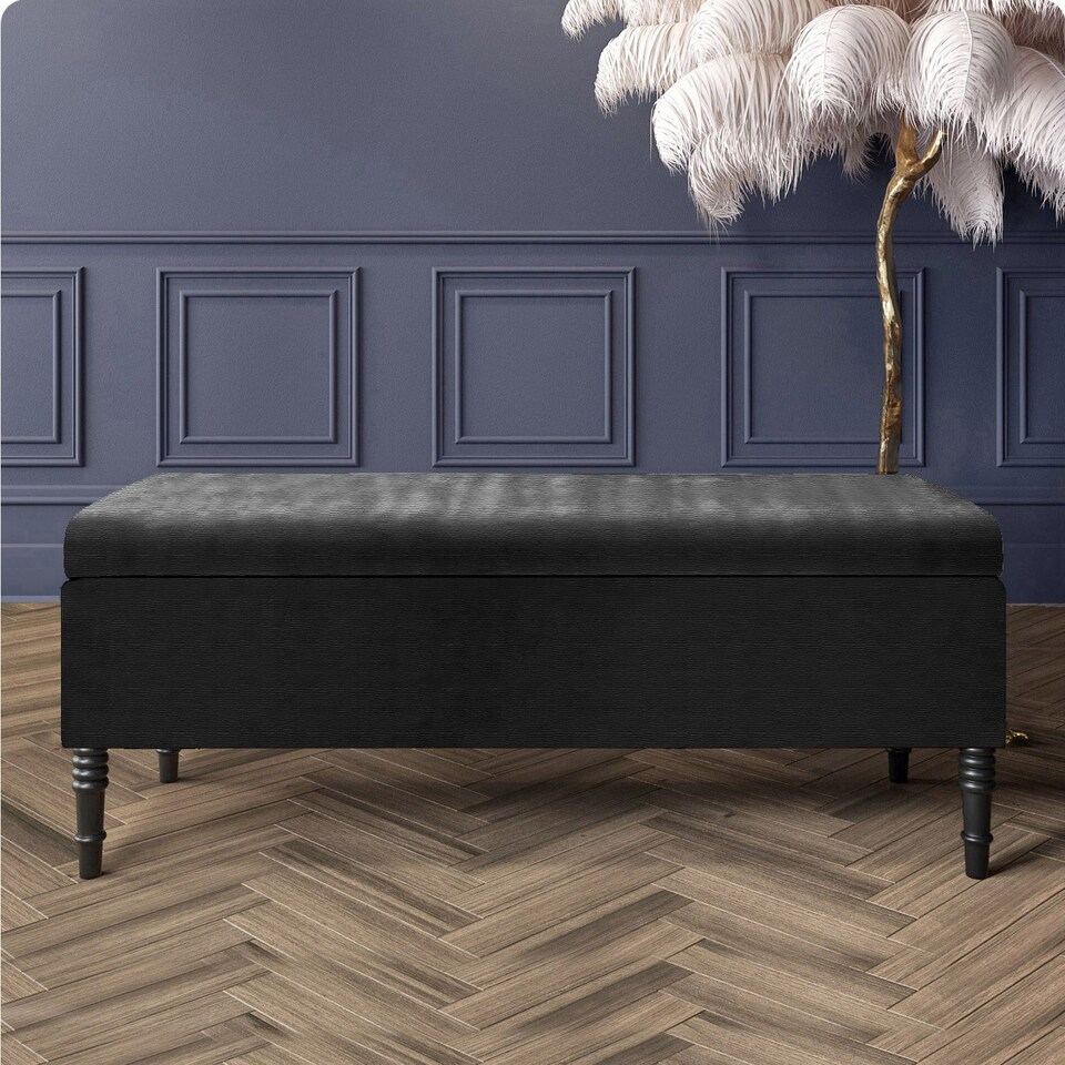 image 1 of 150cm Paris Plain Ottoman Storage Bench -Naples Shoes Bench with Black Turned Wooden Legs - Black Upholstery Storage Footstool