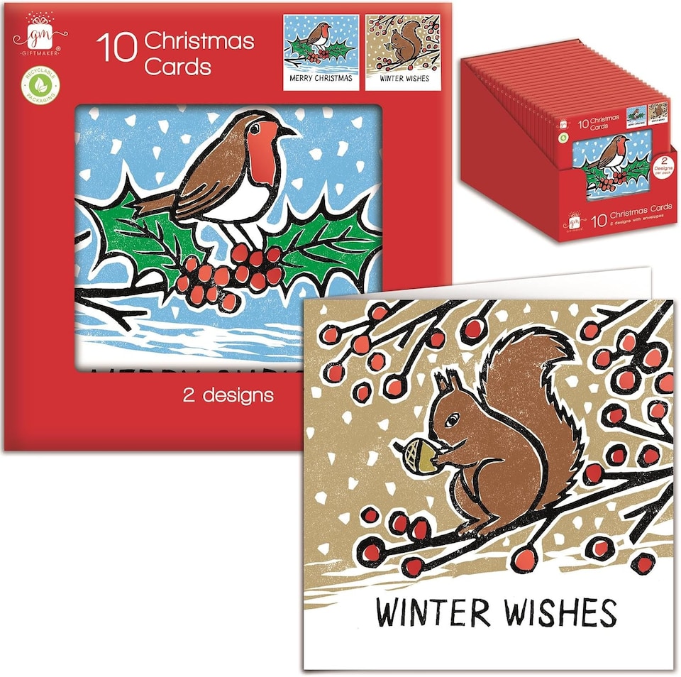 image 1 of Pack of 10 Woodland Animals Design Square Christmas Cards With Envelopes