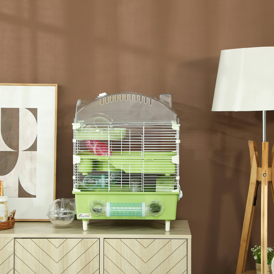 image 1 of PawHut 3-Tier Hamster Cage, Hamster Habitat with Accessories, Green