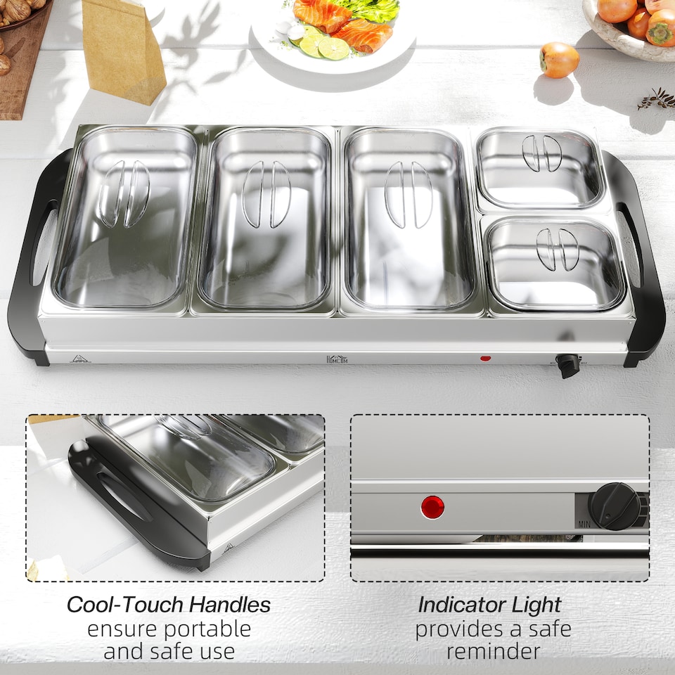 image 1 of HOMCOM Electric Food Warmer 5 Tray, 9.2L Buffet Server with Lids, Silver | Silver | Silver Tone