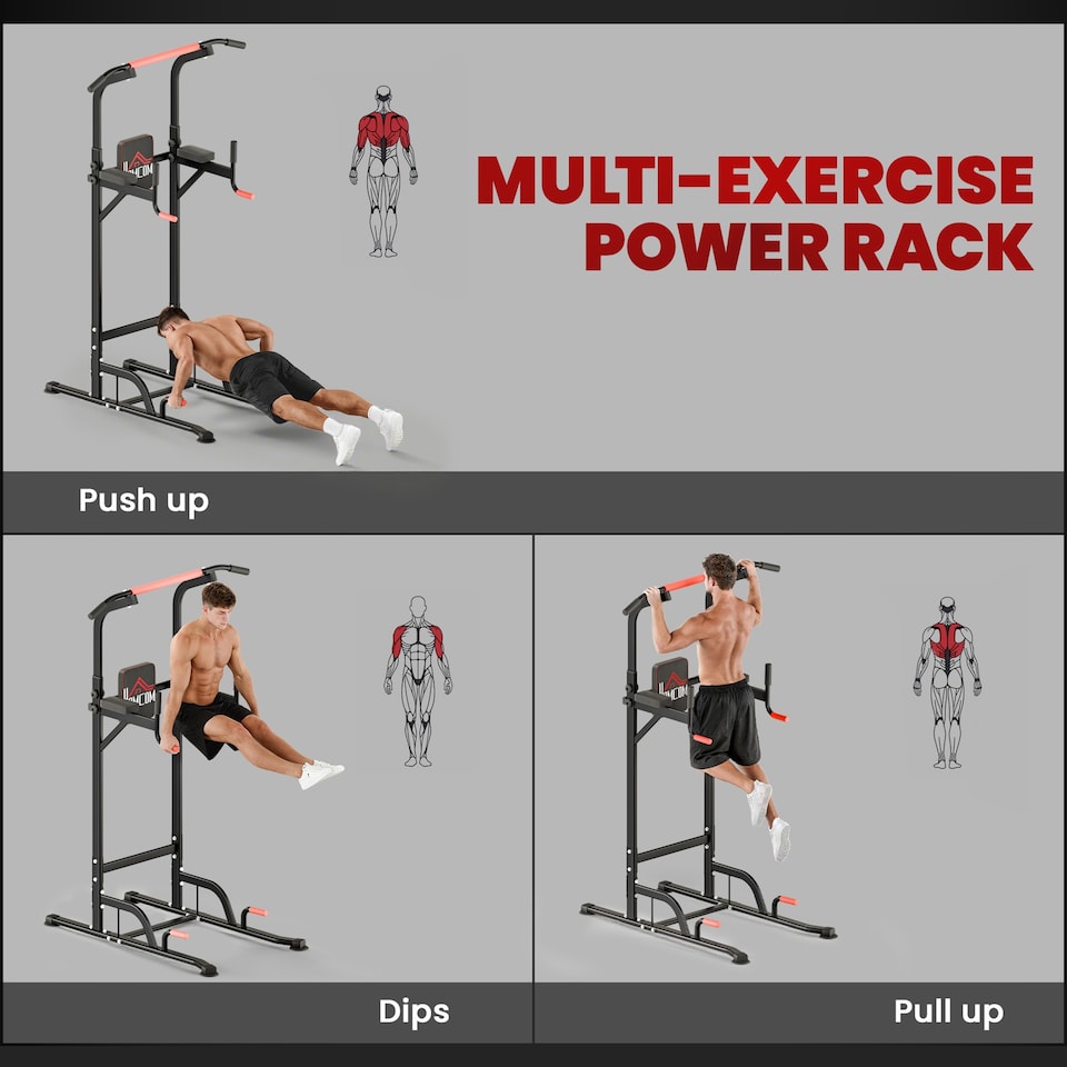 image 1 of HOMCOM Power Tower Station Pull Up Bar w/Adjustable Height for Home Gym Workout | Black | Black