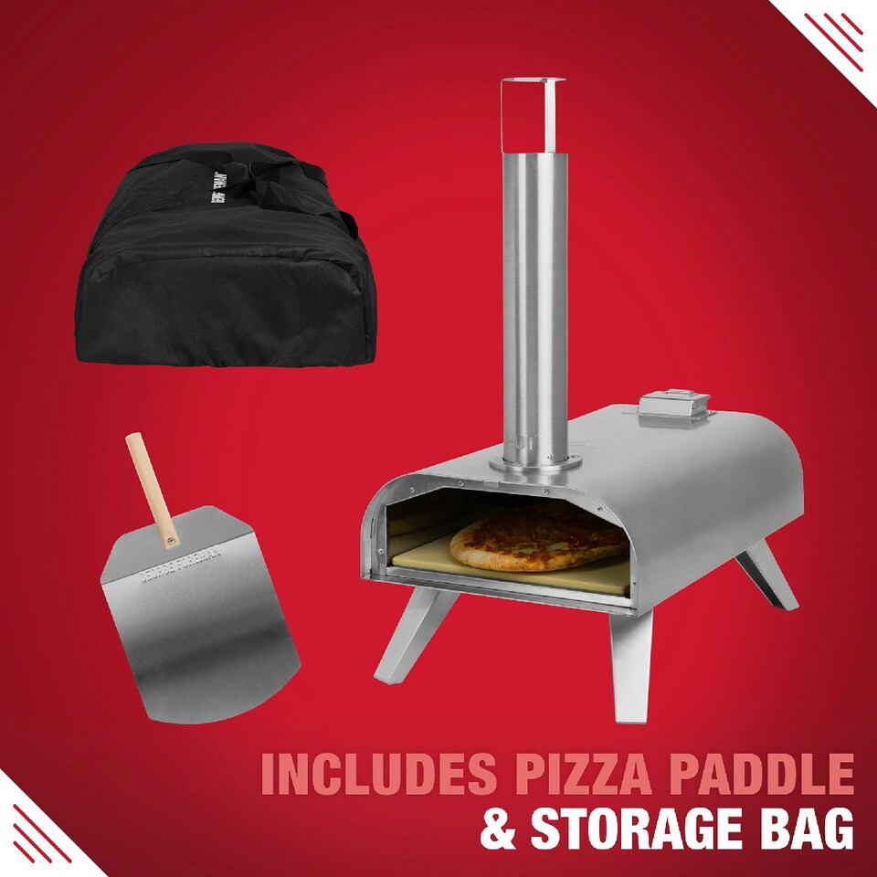 image 1 of George Foreman GFWPPO1SSPC Pizza Oven Stainless Steel 12" Wood Pellet with Paddle & Carry Bag