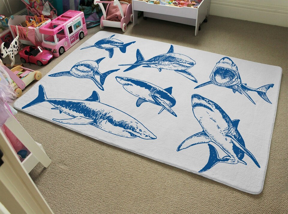 image 1 of Graphical set of blue sharks isolated on white background (Rug)