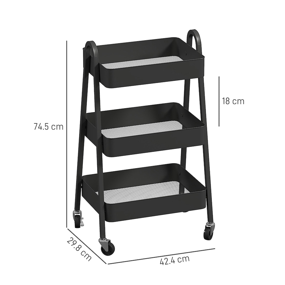 image 1 of HOMCOM 3-Tier Rolling Utility Cart Kitchen Storage Trolley on Wheels Black