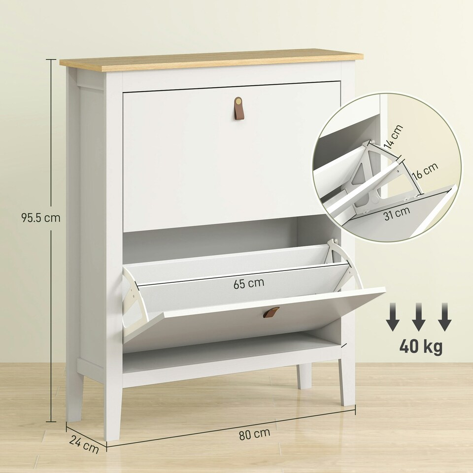 image 1 of HOMCOM 2 Drawer Shoe Cabinet with Flip Doors for Hallway, Entryway White | 80 x 24 x 95.5 cm