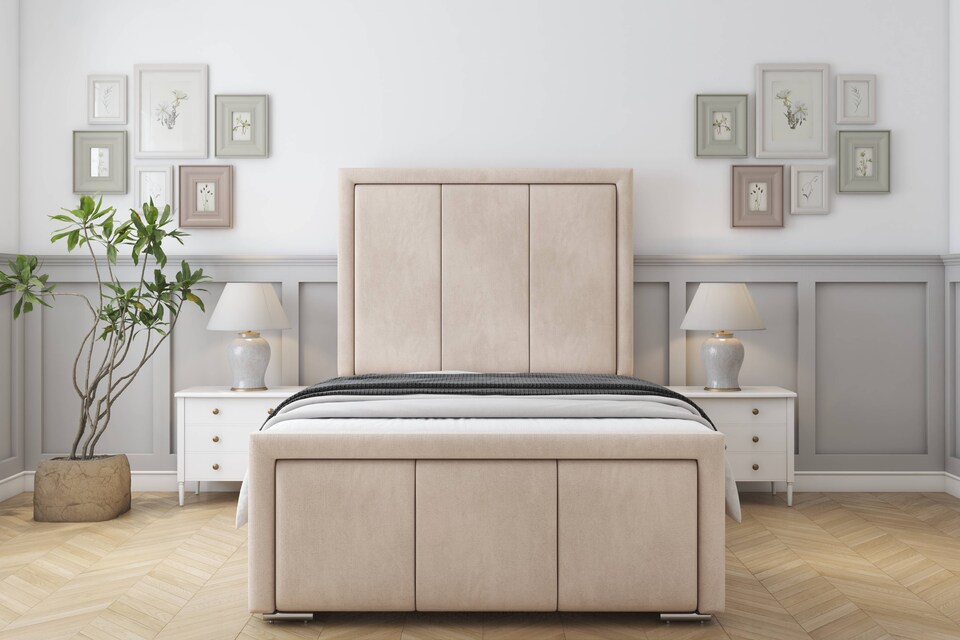 image 1 of Sloomy Lancaster Sand Naples Bed Frame With 50" Upholstered Headboard 4' Small Double