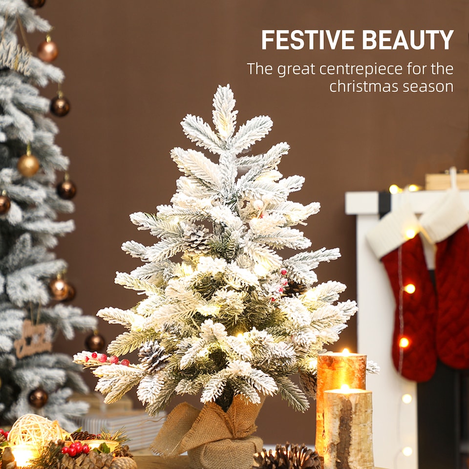 image 1 of HOMCOM 60 cm Prelit Small Christmas Tree with 35 LED Lights, Snow Flocked Tabletop Mini Xmas Tree with Pine Cones, Berry Clusters and Linen Cover Base, Battery Operated, Green
