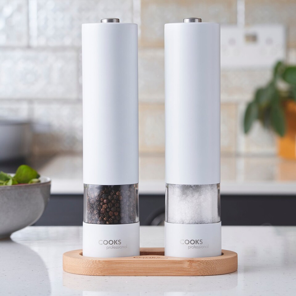 image 1 of Cooks Professional Electric Salt & Pepper Mill Set with Bamboo Base - White