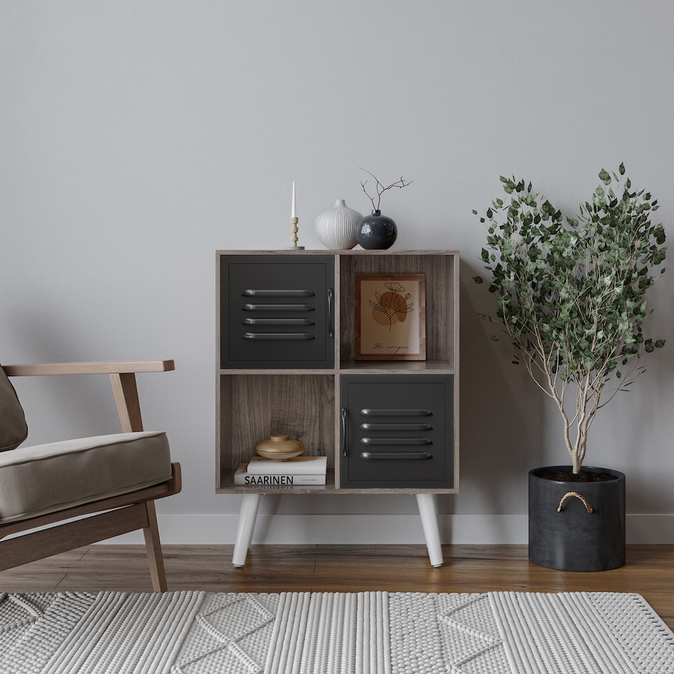 image 1 of Anthracite Oak 4-Cube Storage Unit with 2 Metal Doors and Legs | Black | Black & White | 1