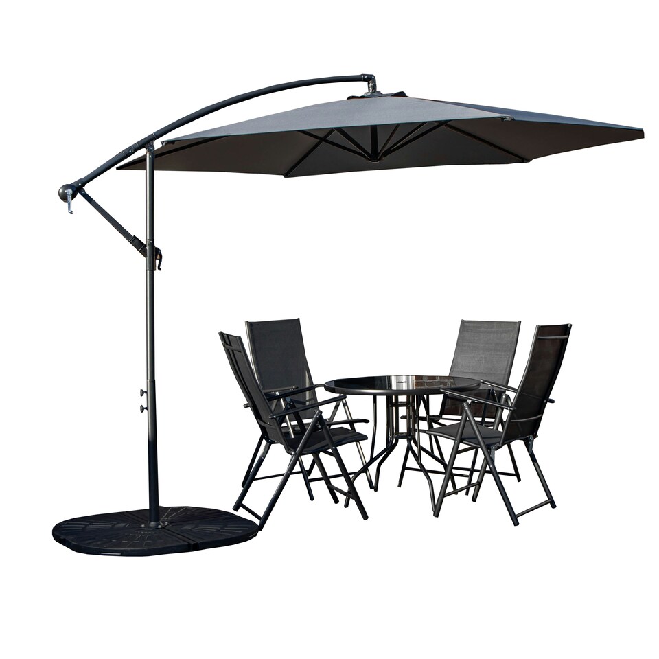 image 1 of Outdoor 4 Person Round Glass Top Garden Dining Table Chairs With Grey Banana Parasol and Base