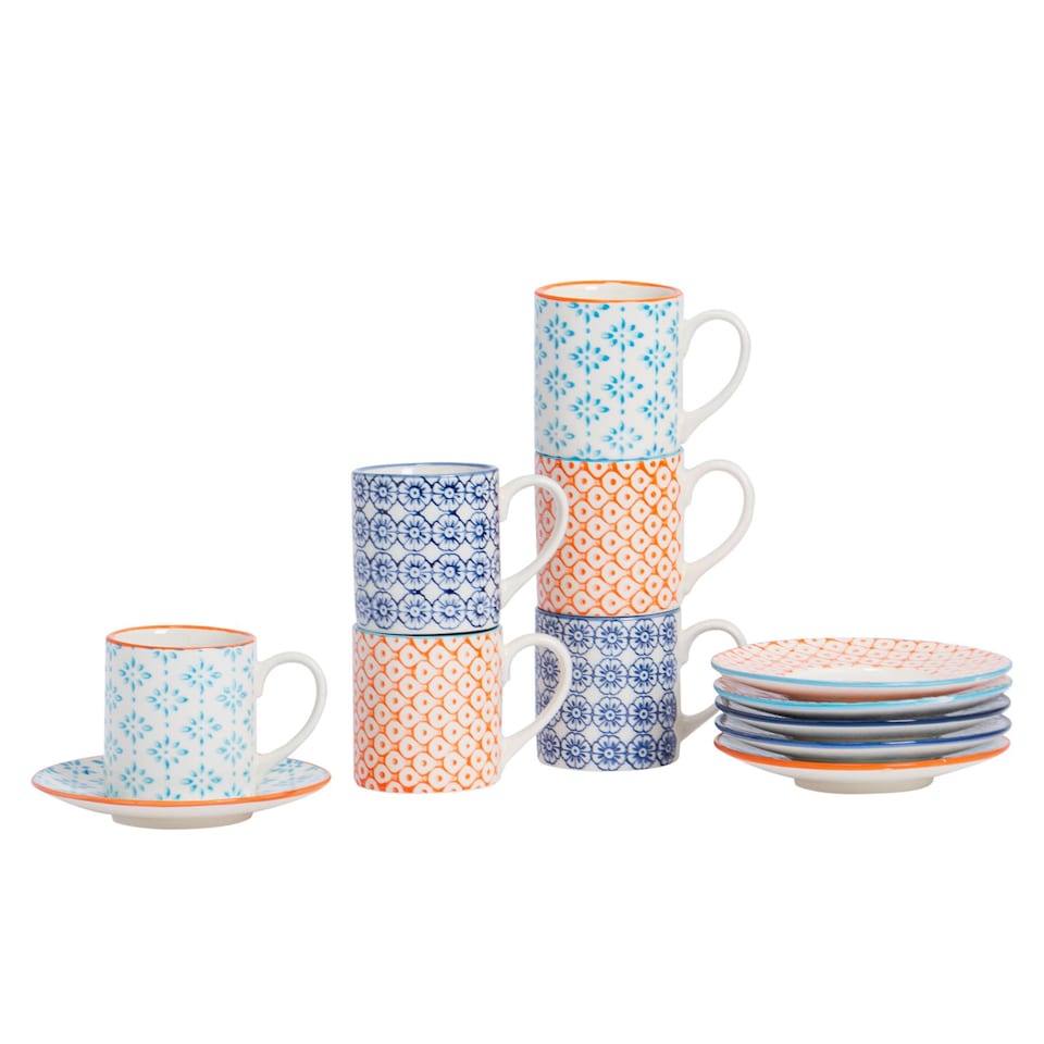 image 1 of Nicola Spring 12 Piece Hand-Printed Espresso Cup & Saucer Set - 65ml - 3 Colours | Multi | Multi | 12