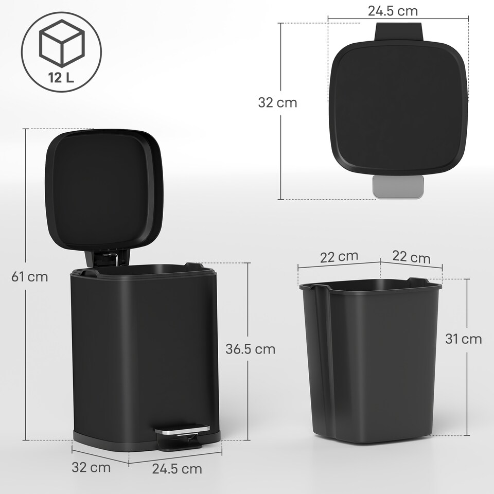 image 1 of HOMCOM 12 Litre Pedal Bin, Fingerprint Proof Kitchen Rubbish Bin with Soft-close Lid, Foot Pedal and Removable Inner Bucket for Recycling and Waste, Black | Black | 1