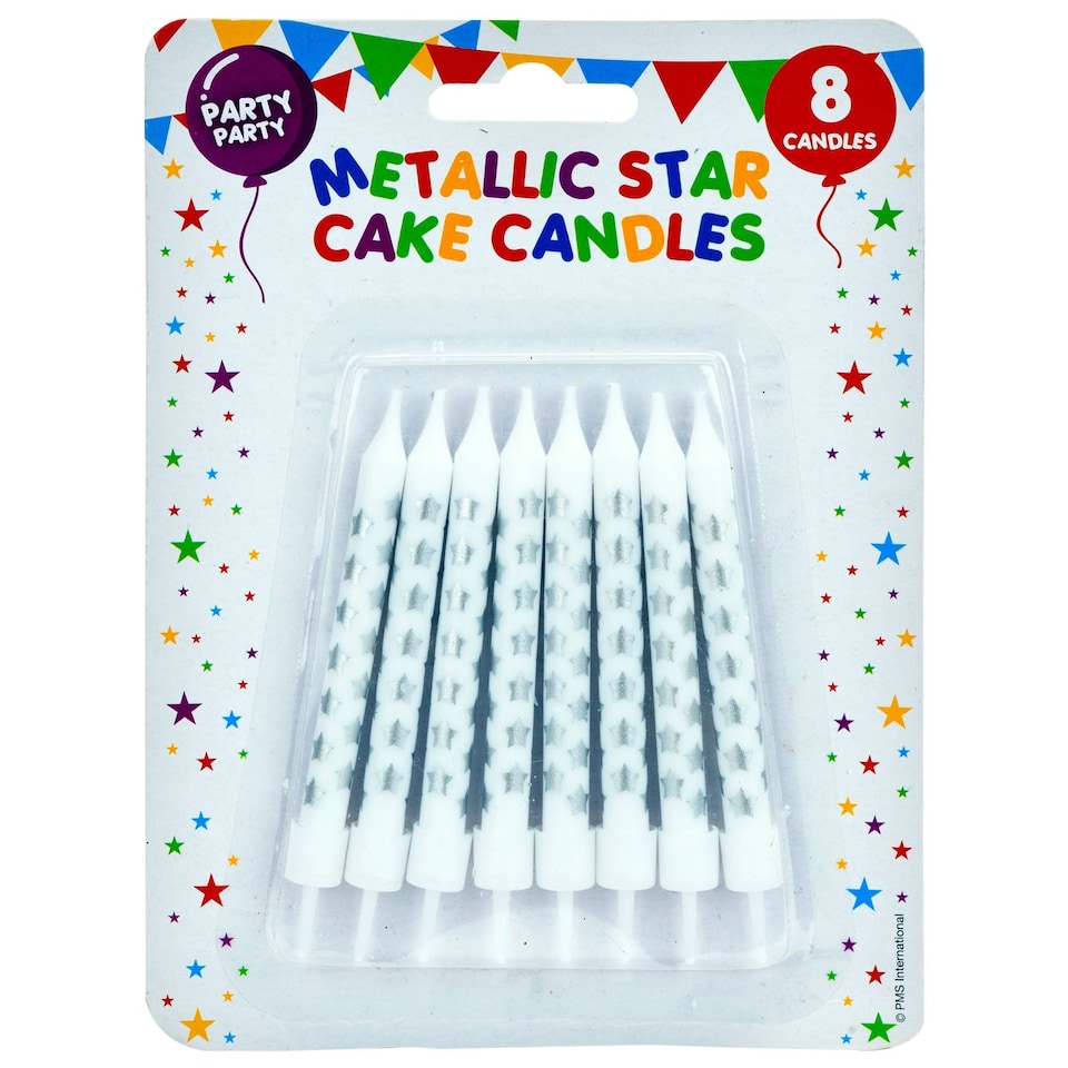 image 1 of PMS 8 Metallic Silver Birthday Cake Candles with Star Design