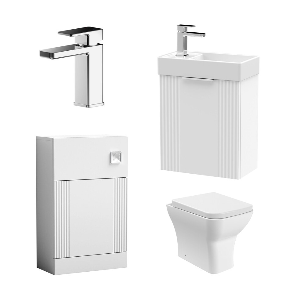 image 1 of Balterley Cloakroom Suite - Wall Hung Basin Unit, Toilet & Tap | White | Satin White | 438 x 400 x 222mm