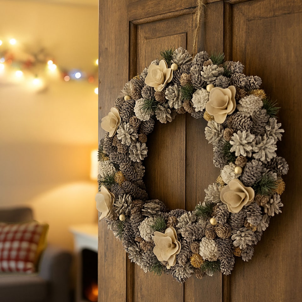 image 1 of eo Luxury Extra Large Frosted Pinecone Winter Wreath 50cm Home Artificial Christmas Festive Front Door Decoration | Grey | Frosted Grey