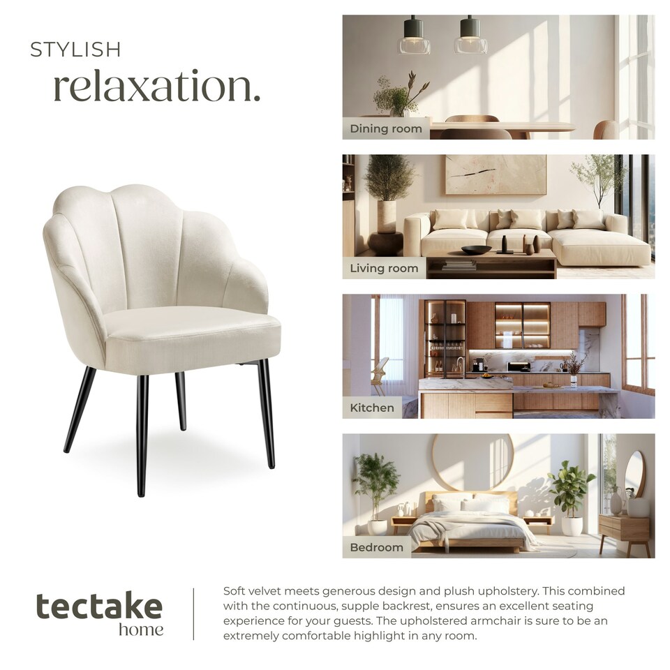 image 1 of Accent Chair Hellen - velvet cover, padded, extra-wide shell-shaped backrest - per piece Cream | Cream/Black