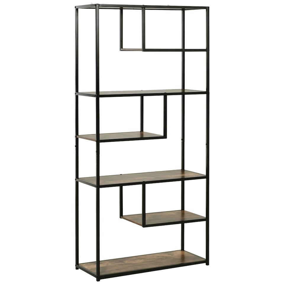 image 1 of HOMCOM 6 Tier Bookcase, Industrial Tall Shelf Unit with Steel Frame for Home Office, Study, Living Room, Hallway, 82 x 33.5 x 175 cm, Rustic Brown and Black