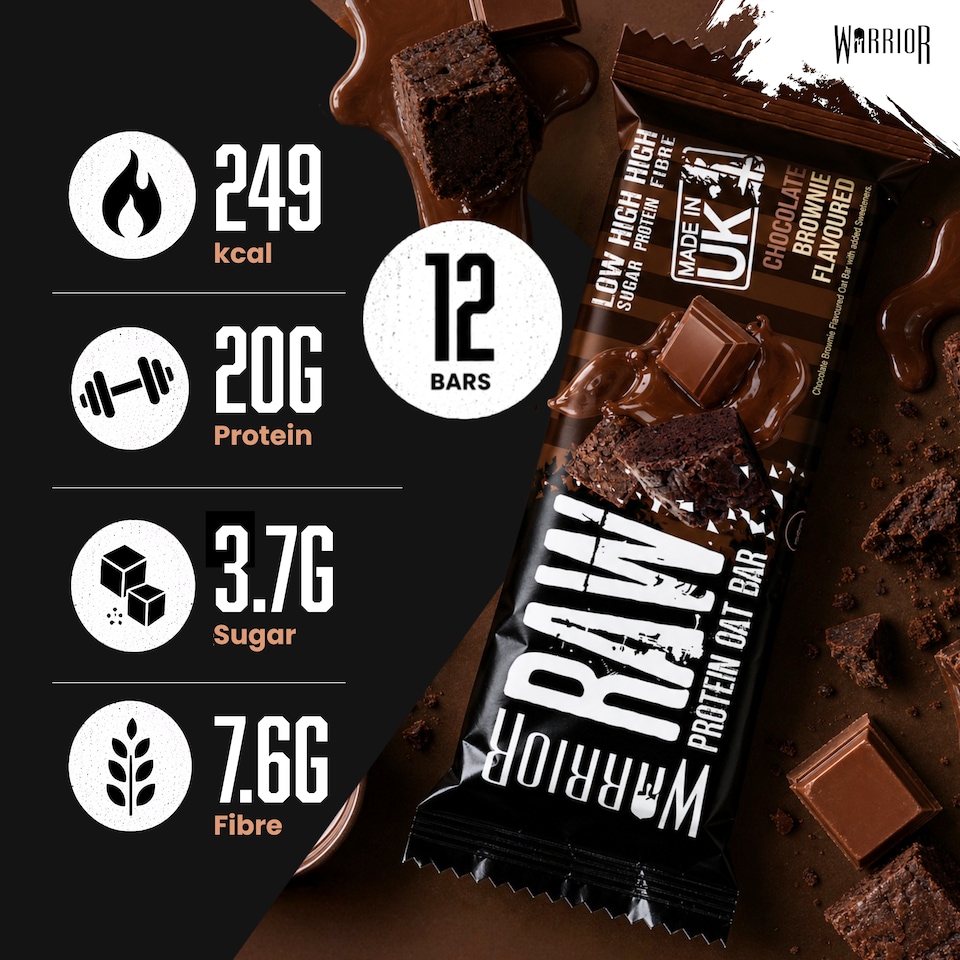 image 1 of Warrior RAW Protein Bars 12 x 75g – 20g High Protein Bar, Low Sugar High Fibre Oat Protein Flapjack – Protein Snacks, Meal Replacement Bars (Chocolate Brownie)