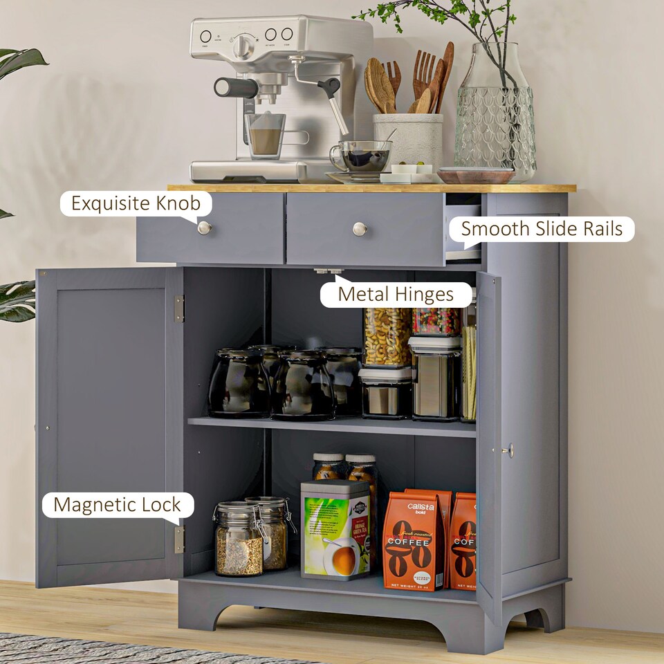 image 1 of HOMCOM Rubber Wood Top Kitchen Side Cabinet with Adjustable Shelf, Grey