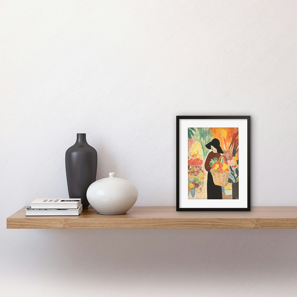 image 1 of Flower Market Danish Pastel Aesthetic Watercolour 9x7" Black Framed Wall Art Print
