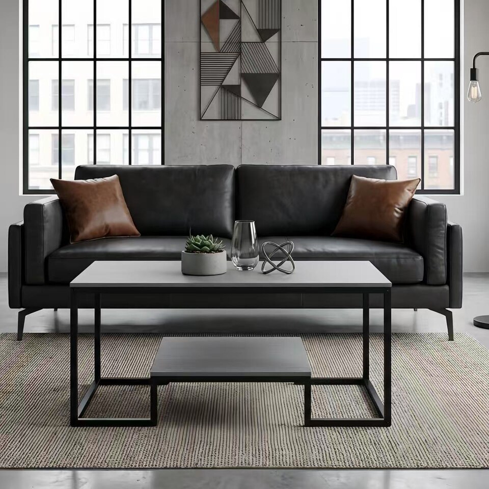image 1 of Alivio Modern Coffee Table with Metal Frame & Shelves Storage (Grey)