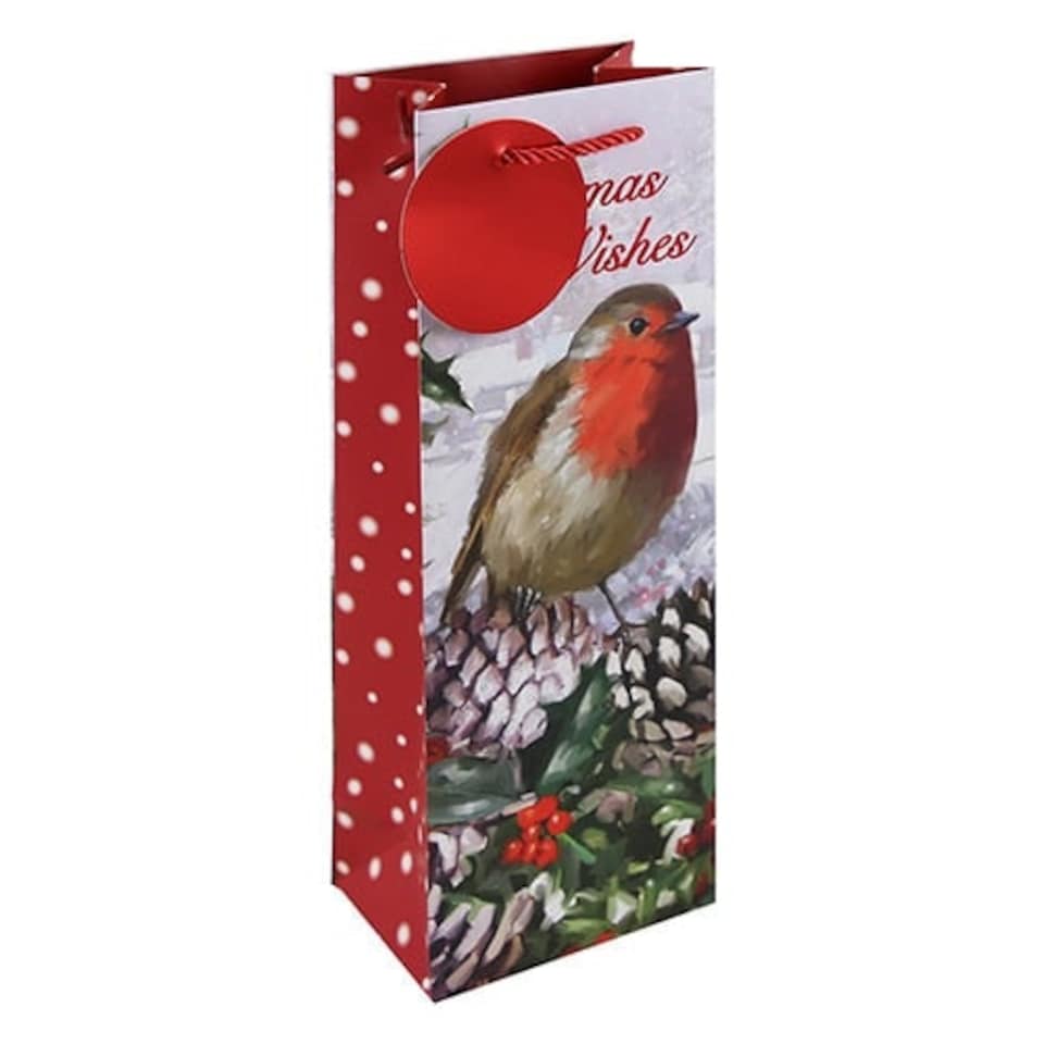 Robin Traditional Scene Christmas Wishes Bottle Gift Bag 35cm