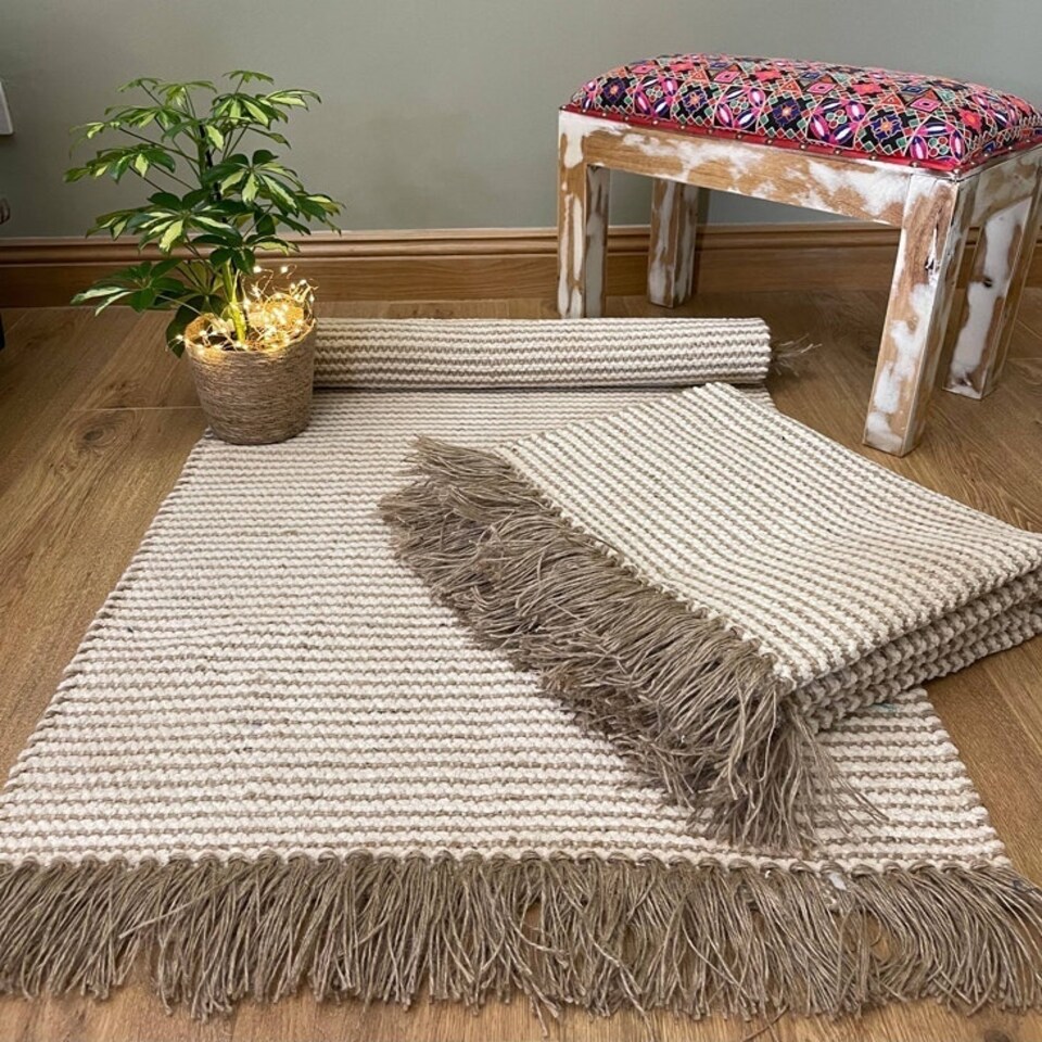 Colva Rug Yarn in Natural Beige Ivory Stripes - Cotton - L70 x W200 Brown