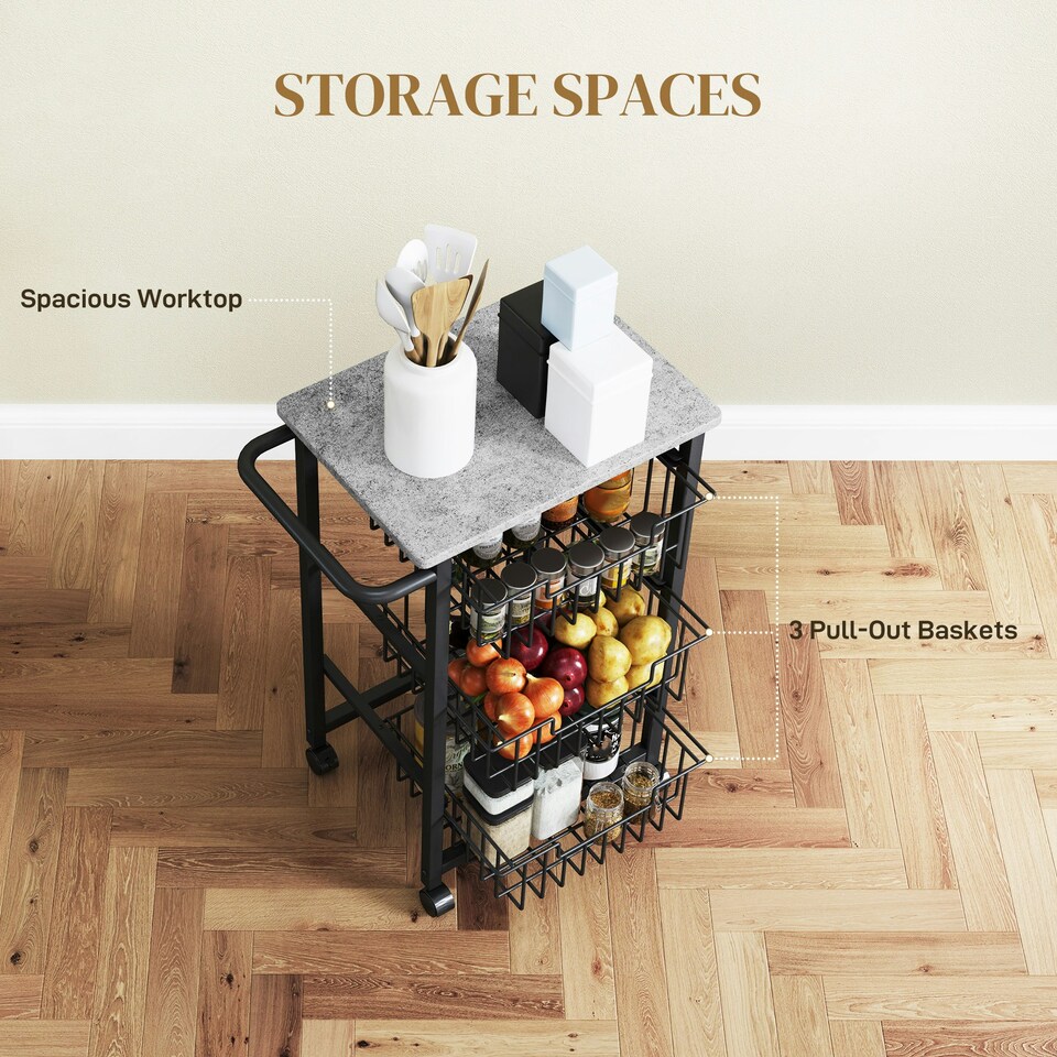 image 1 of HOMCOM 3-Tier Kitchen Island on Wheels with 3 Pull-Out Baskets, Light Grey