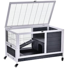 PawHut Rabbit Cages, Guinea Pig Hutch w/ Roof & Wheels, No-Leak Tray, White