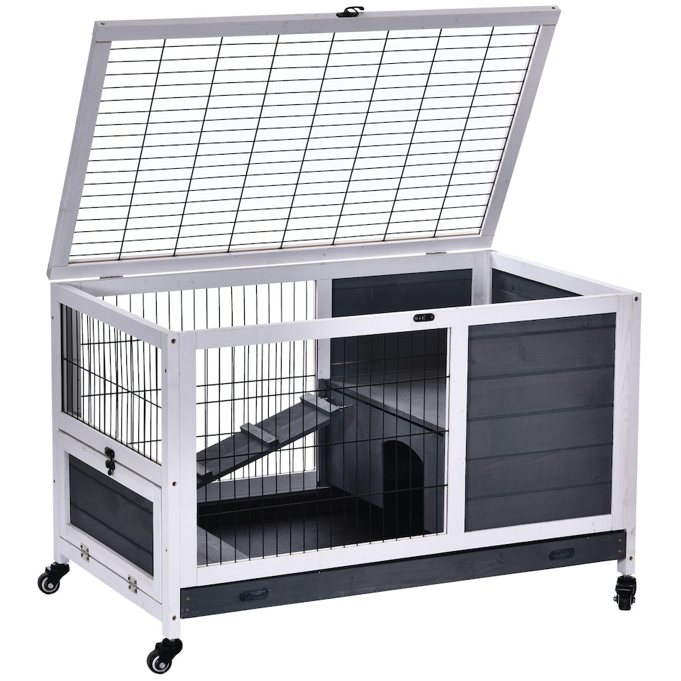 image 1 of PawHut Rabbit Cages, Guinea Pig Hutch w/ Roof & Wheels, No-Leak Tray, White