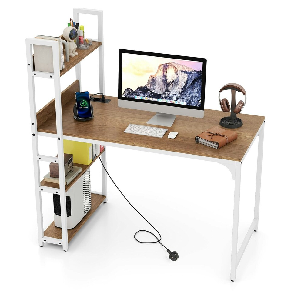 image 1 of COSTWAY Computer Desk Writing Desk with Power Strip Natural Brown