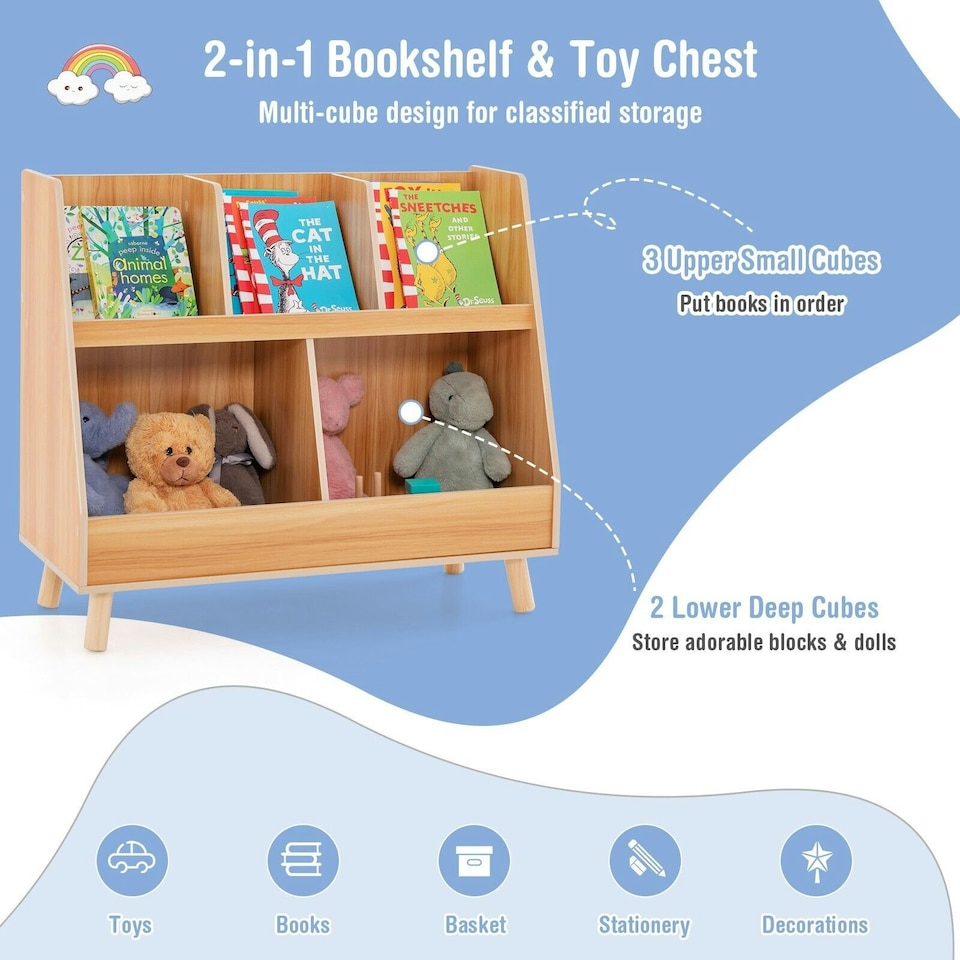 image 1 of COSTWAY Wooden Children Bookcase Bookshelf Cabinet Natural | Yellow