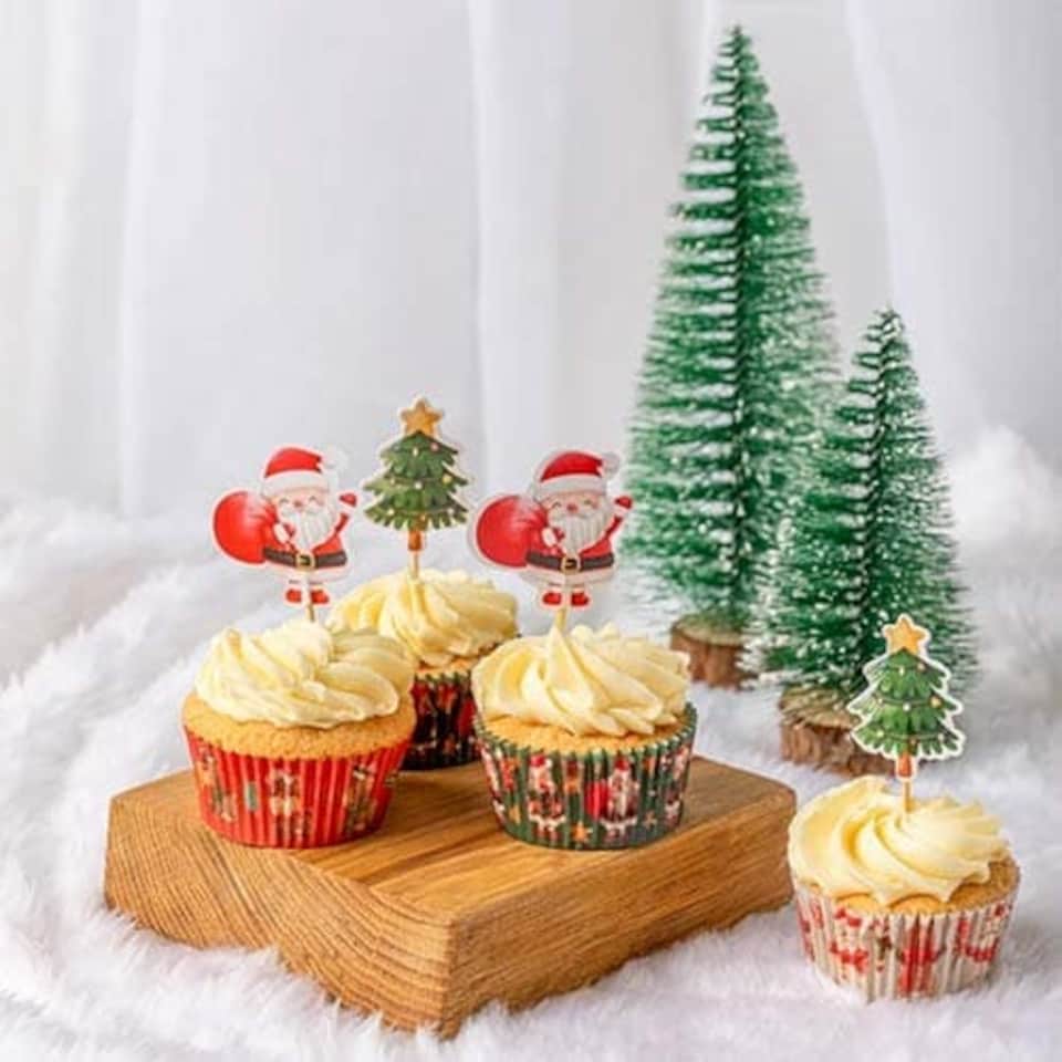 image 1 of Santa and Friends Christmas Cupcake Food Pick Toppers - Pack of 12
