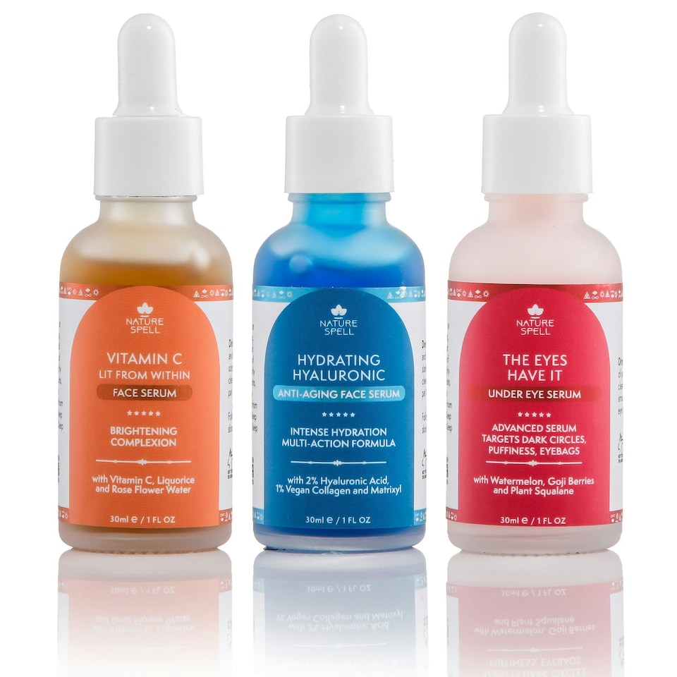 image 1 of Nature Spell Supreme Serum Skincare Trio: Vitamin C Brightening Serum, Hyaluronic Acid Hydration Serum & Dark Circle Corrector Under Eye Serum