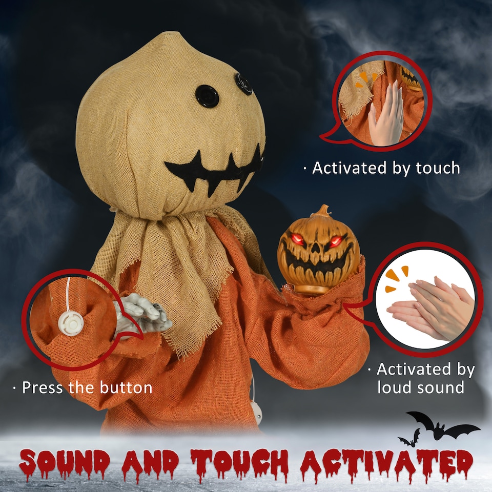 image 1 of HOMCOM 77cm Outdoor Halloween Decoration Scarecrow, Standing Scarecrow Prop Life Size with Sound and Motion Activated, Light Up Eyes, Howling Sound, Posable Arms, Moving Hands