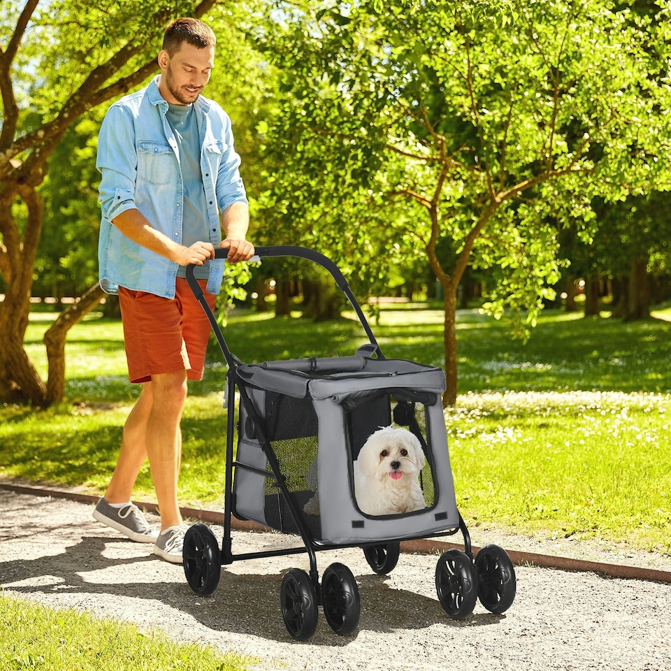 image 1 of PawHut One-click Foldable Pet Stroller w/ Mesh Windows, for Small Pets - Grey