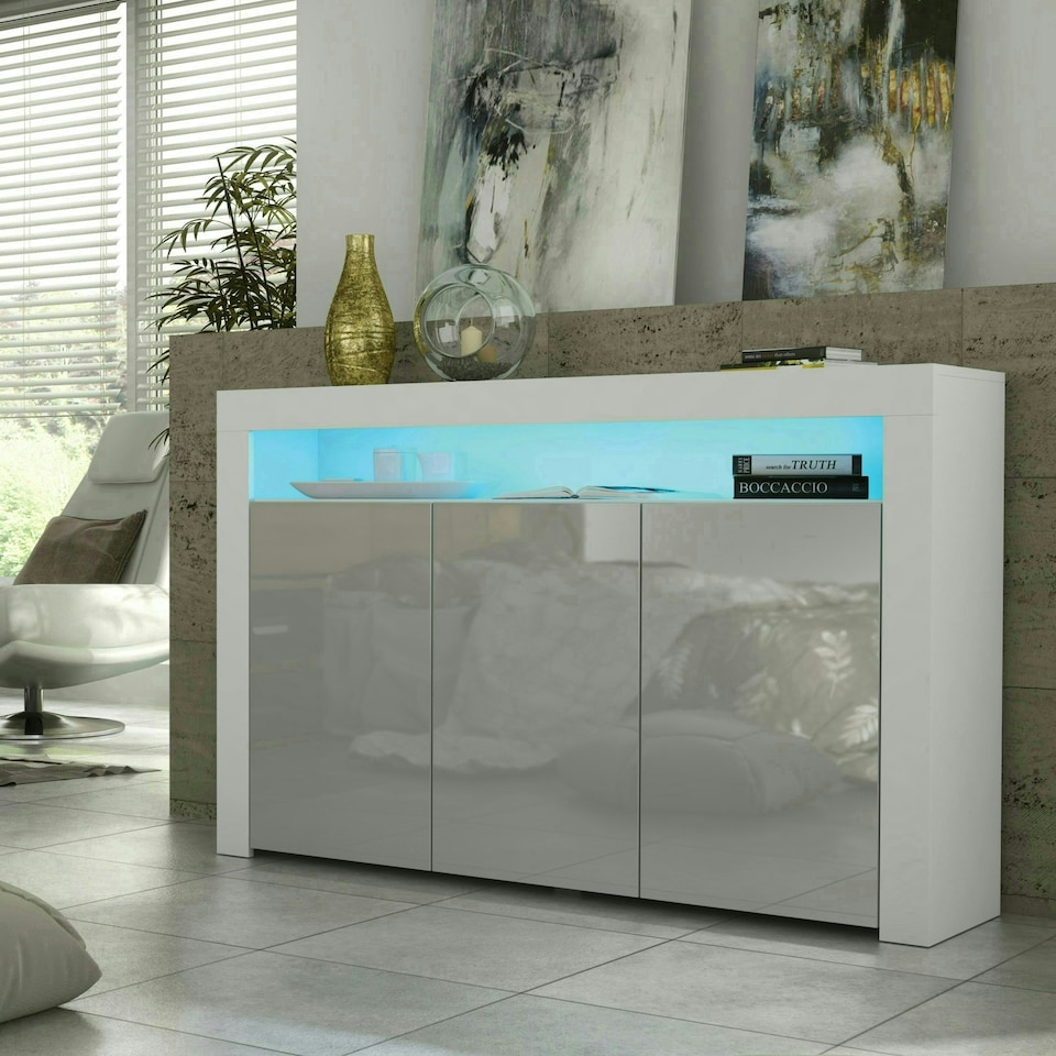 image 1 of Sideboard 155cm Grey Gloss Doors White Matt Body Free LED Shelf | White | Grey