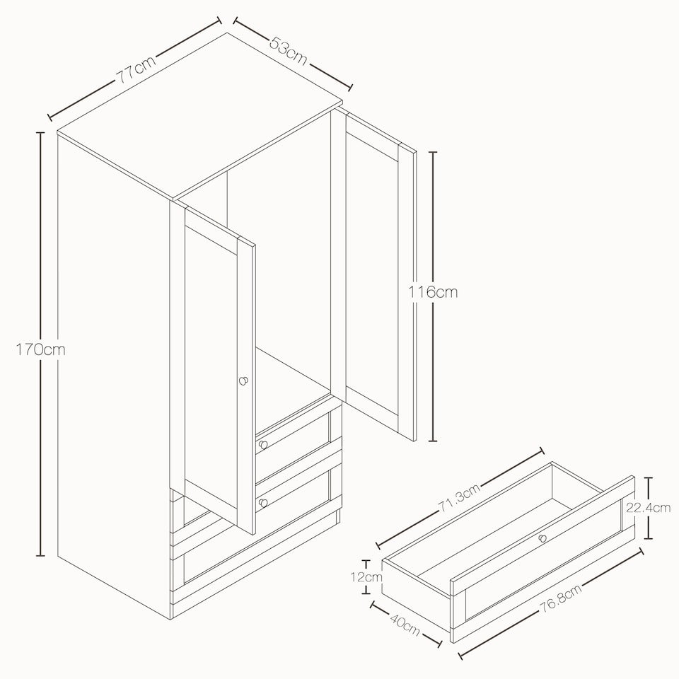 image 1 of Vida Designs Altino 2 Door 2 Drawer Black Wardrobe with Hanging Rail - H: 170cm x W: 77cm x D: 53cm