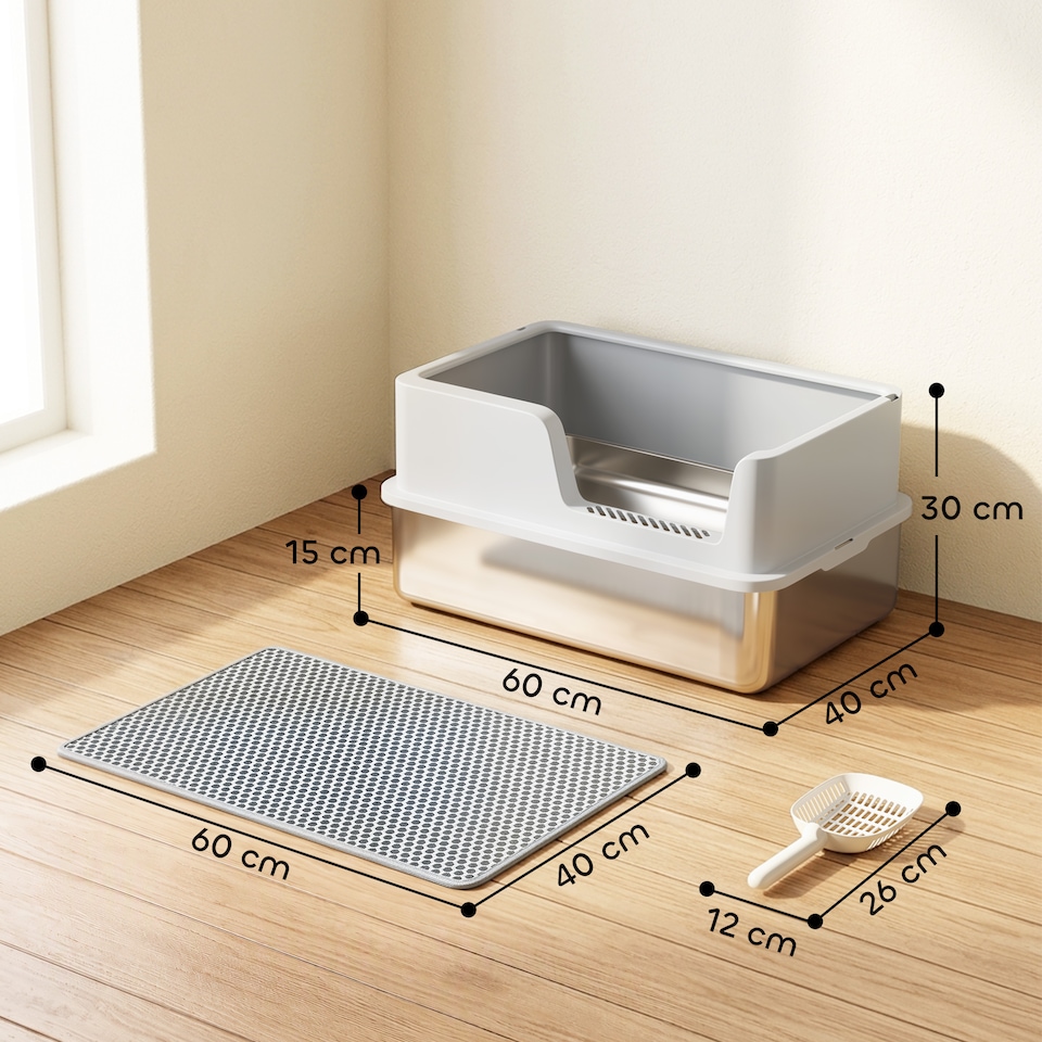 image 1 of PawHut XL Stainless Steel Cat Litter Tray w/ Lid, High Sided Cat Litter Box