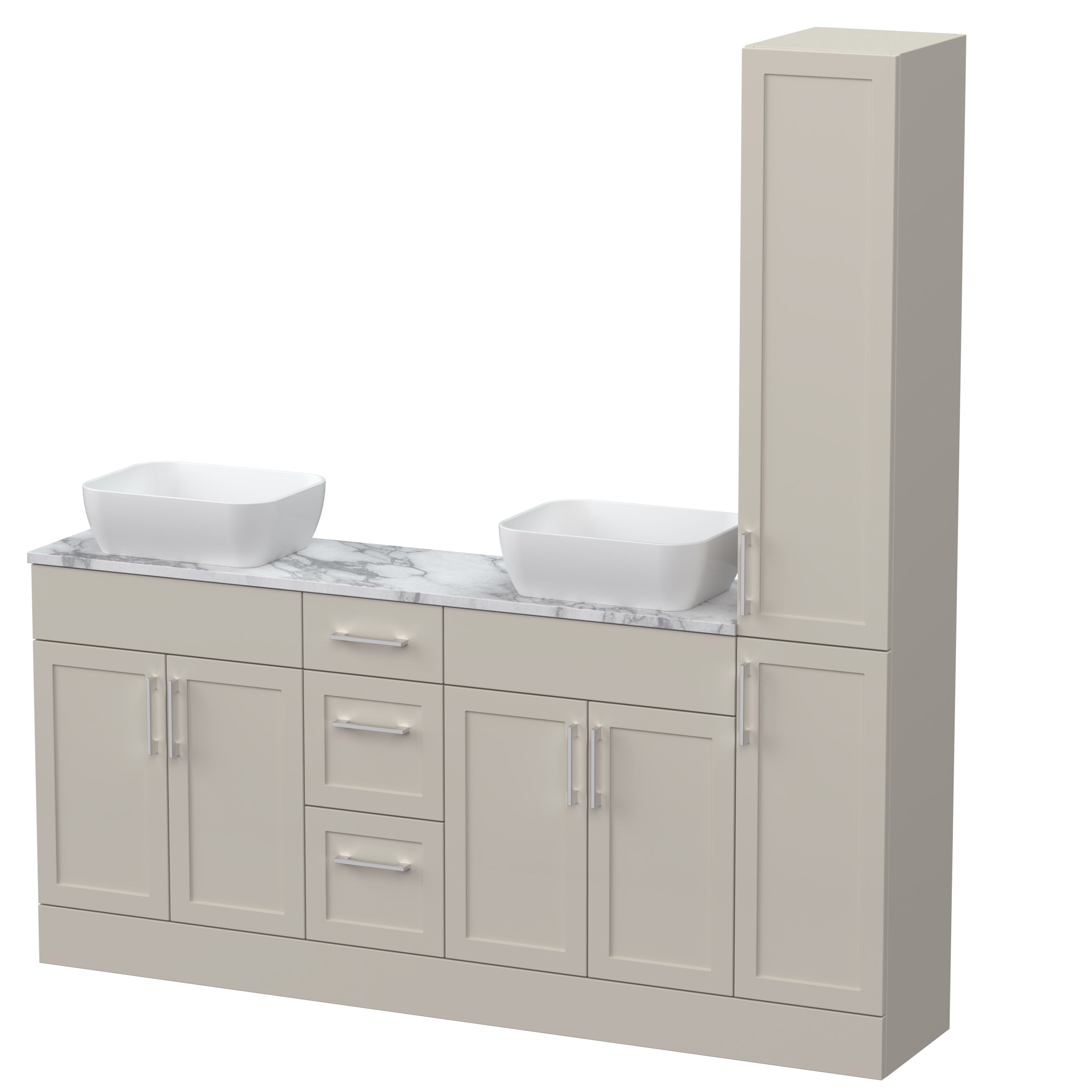 Balterley Pirehill Floor Standing 4 Door 3 Drawer Vanity Combination Unit with Tall Unit, Laminate Worktop and Countertop Vessel, 1800mm, Pebble Grey