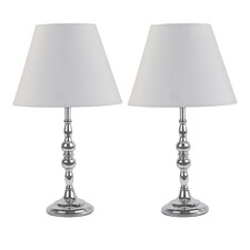 Set of 2 Chrome Table Lamps with Decorative Stem and Ivory Shades Chrome | White
