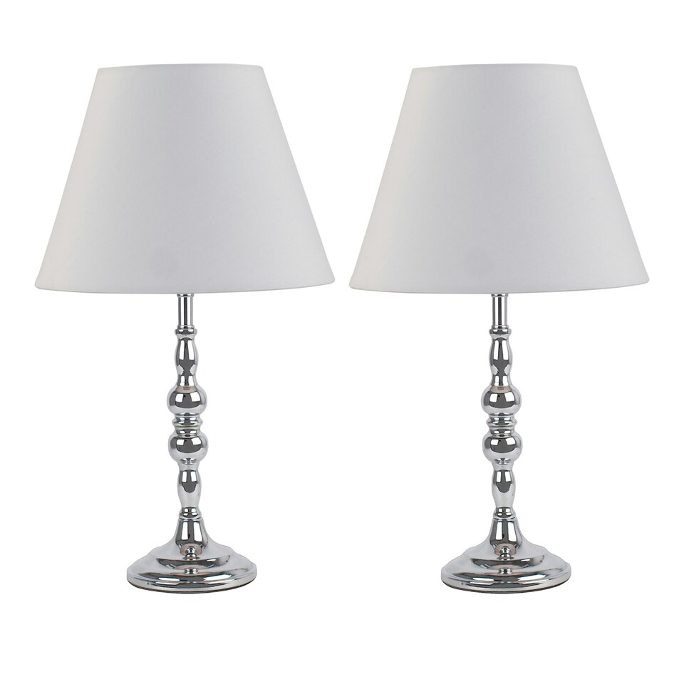 image 1 of Set of 2 Chrome Table Lamps with Decorative Stem and Ivory Shades Chrome | White