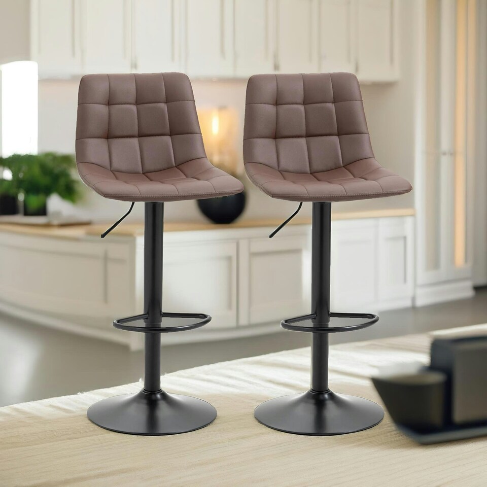 image 1 of 2PC Adjustable Height 360 Swivel Barstools Set With Shell Backrest Brown Brown