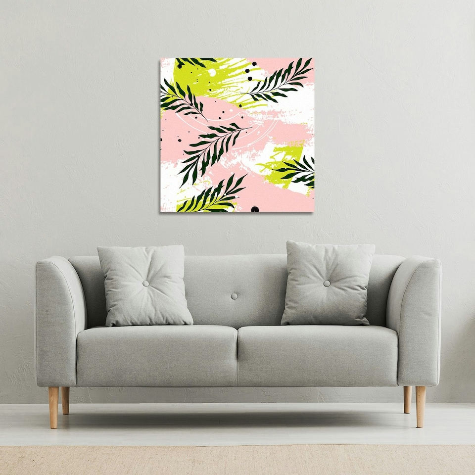 image 1 of Green Leaves on Brush Strokes (Canvas Print) 101 x 101 x 4cm