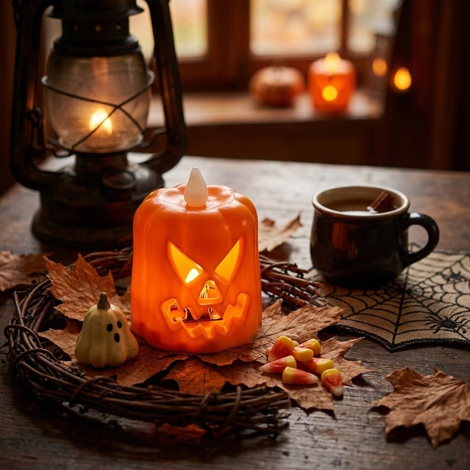 image 1 of Orange Pumpkin Halloween LED Candle 7cm