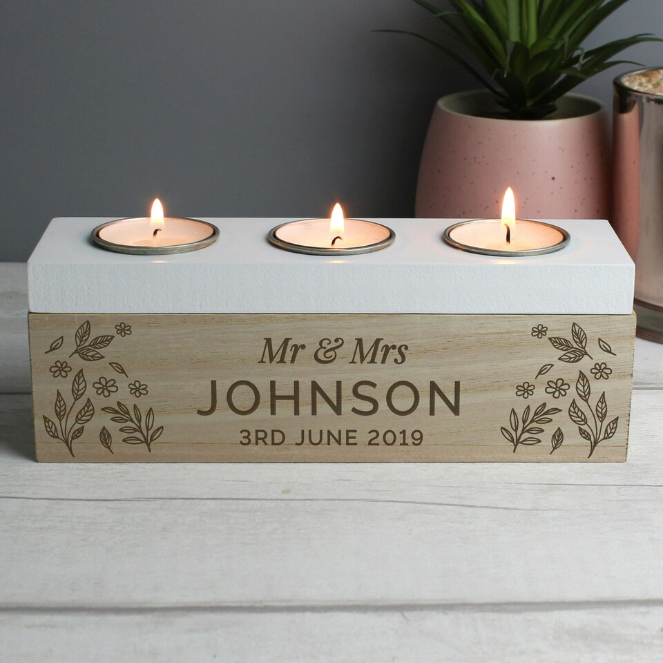 image 1 of Personalised Floral Triple Tea Light Box Brown