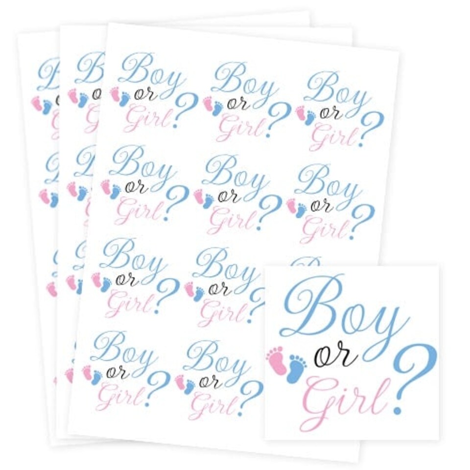 image 1 of Boy or Girl Gender Reveal Square Stickers 65mm - Sheet of 12