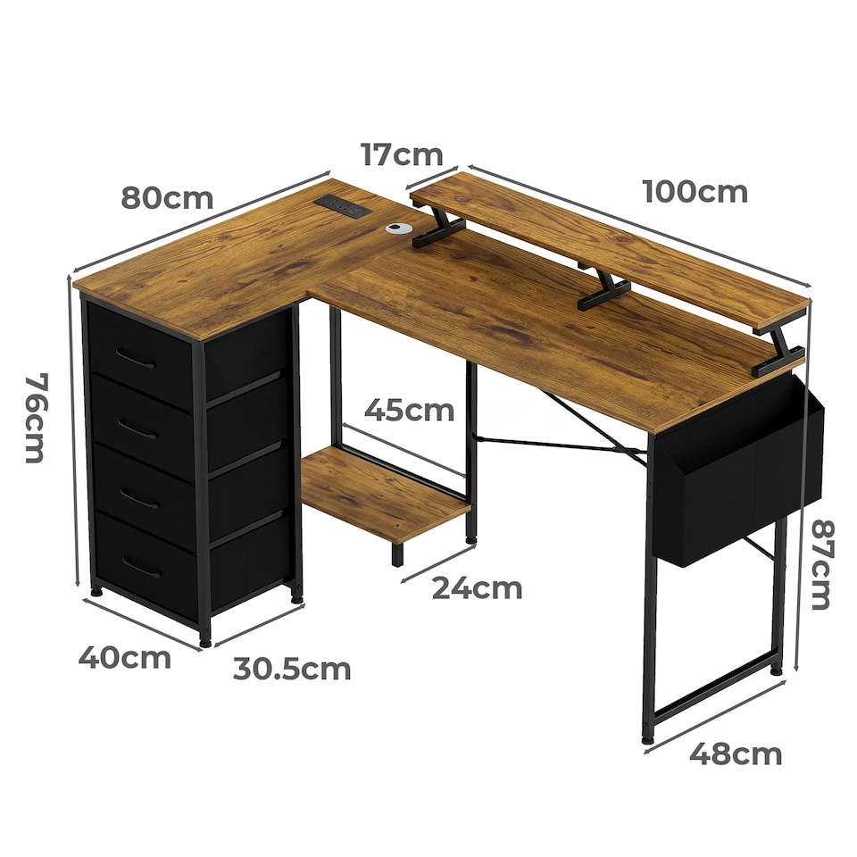 image 1 of Levede Gaming Desk L Shaped with USB Charging Port Power Outlet Walnut Color
