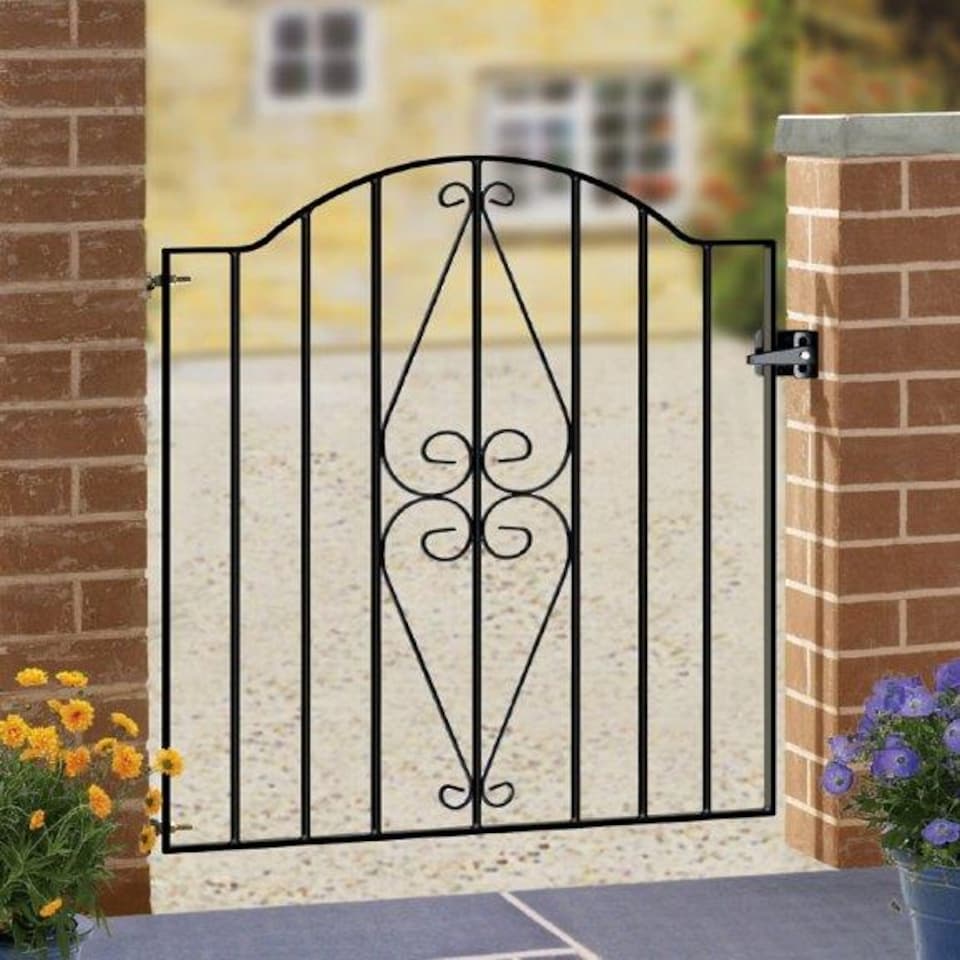 Stirling Scroll Henley Low Bow Top Single Gate - Steel - Fits Gap of 880 mm x 946 mm High - Electro Galv./Black Powder Coated | Black | 1