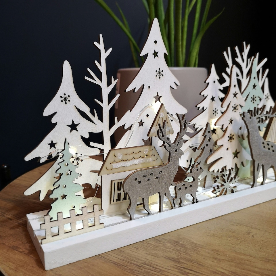 image 1 of 30cm Battery Operated Indoor Christmas Wooden Village & Reindeer Scene with Warm White LEDs